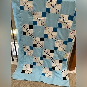 Handmade Light Blue Patchwork Quilt TOP with Polka Dot Accents SIZE 72”X 86”